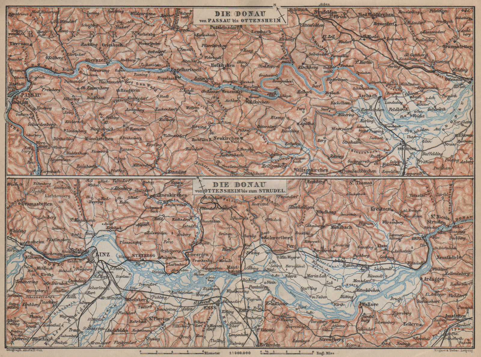 DANUBE DONAU RIVER. Passau-Ottensheim-Linz-Enns-Grein. Austria karte 1905 map